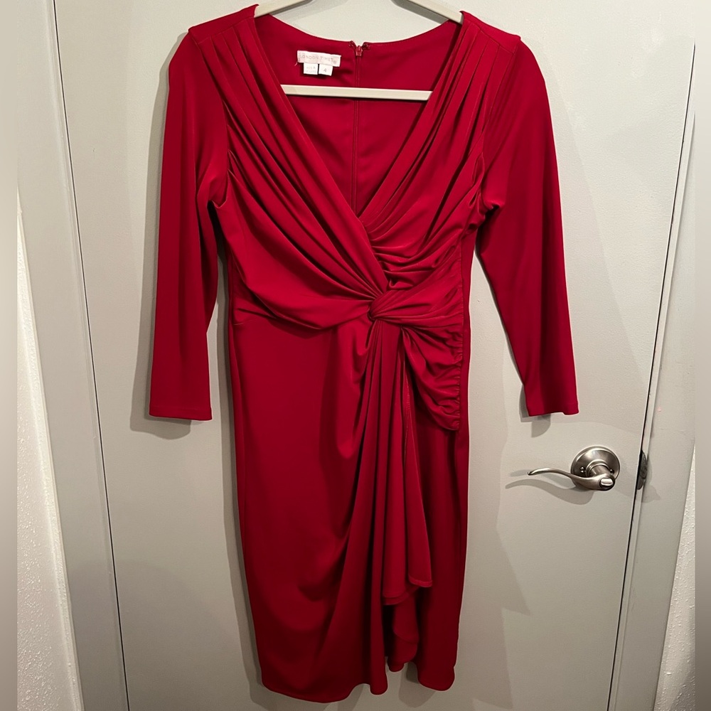 Red Twist-Front 3/4 Sleeve Dress